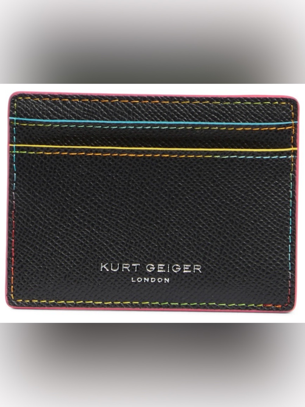 KURT GEIGER Richmond Black Leather Card Holder W/Rainbow Stitching - Picture 3 of 3